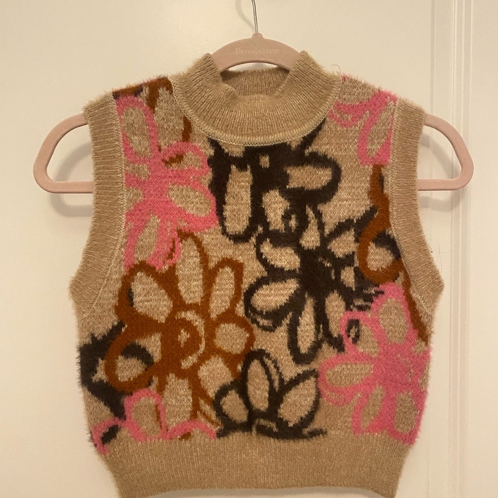 PacSun Floral Knit Crop Top - Tan, Pink, Brown, Black